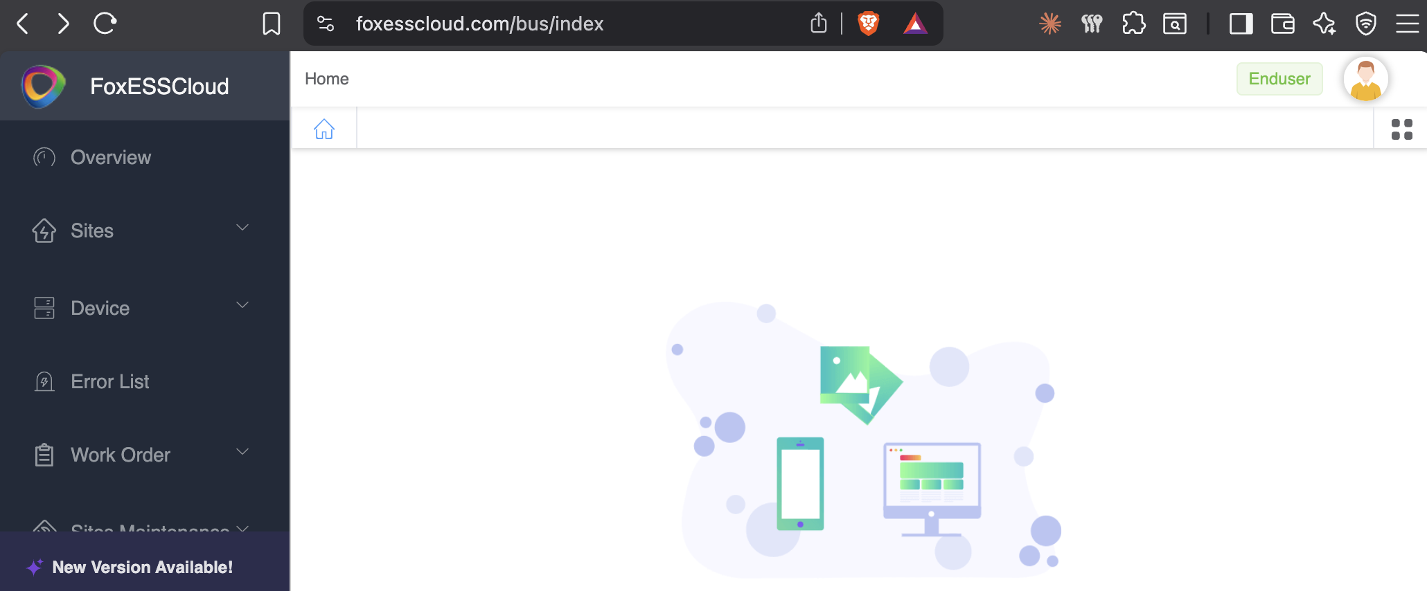 FoxESS Cloud homepage with the account avatar menu open