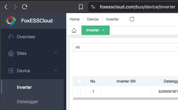 FoxESS Cloud inverter page showing the device serial number