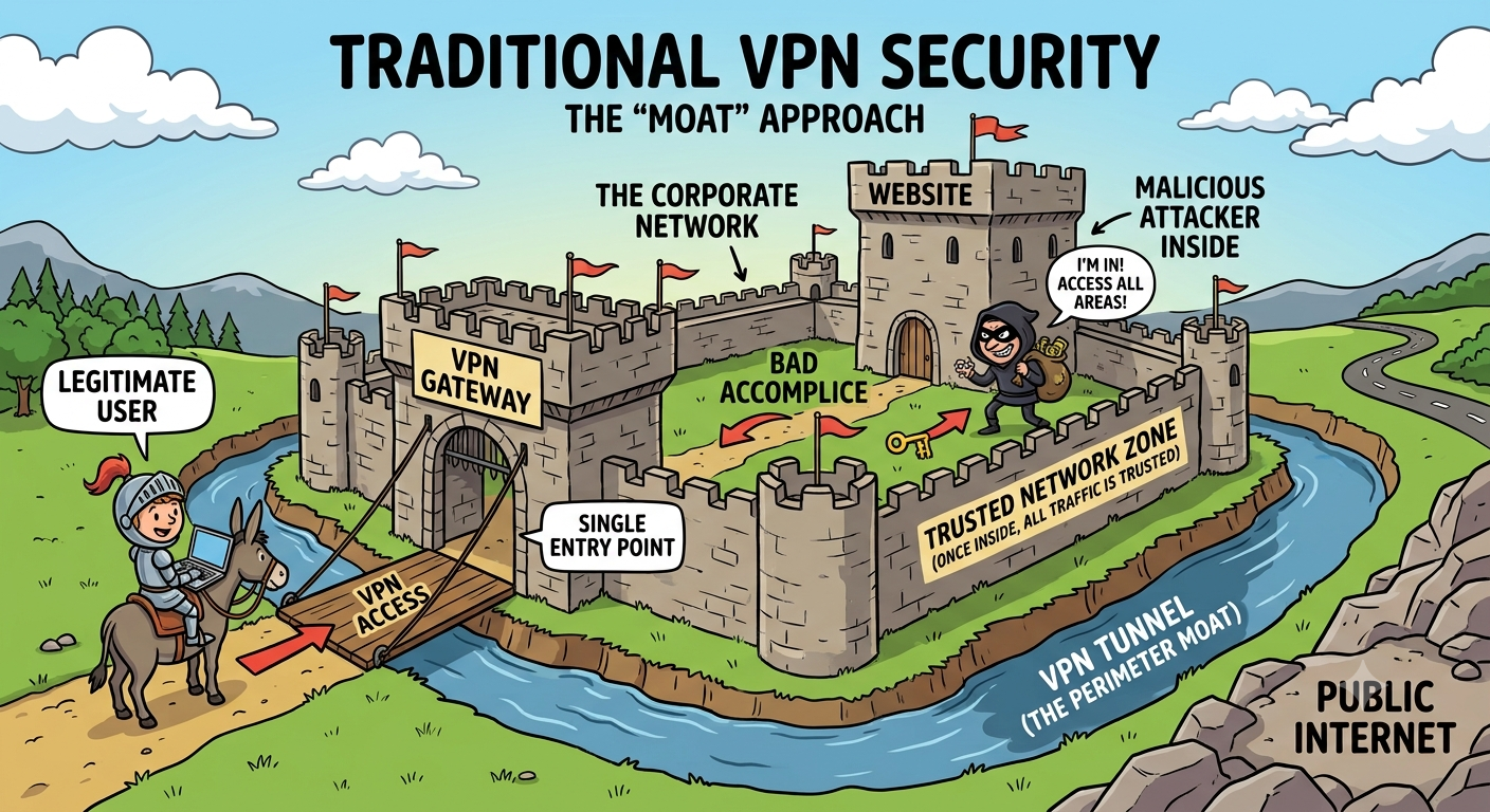 Diagram of a legacy perimeter security model with a single trusted boundary