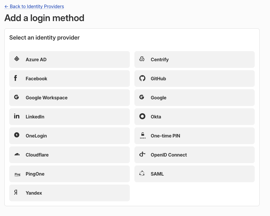 Cloudflare Zero Trust Identity Providers configuration screen