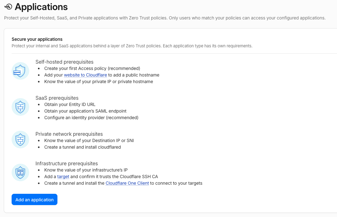 Cloudflare Access Applications page with Add an Application button