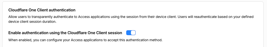 Cloudflare Zero Trust Access Settings with Cloudflare One authentication enabled