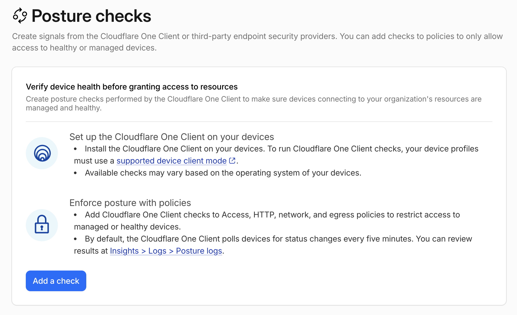 Cloudflare Zero Trust Posture Checks configuration page