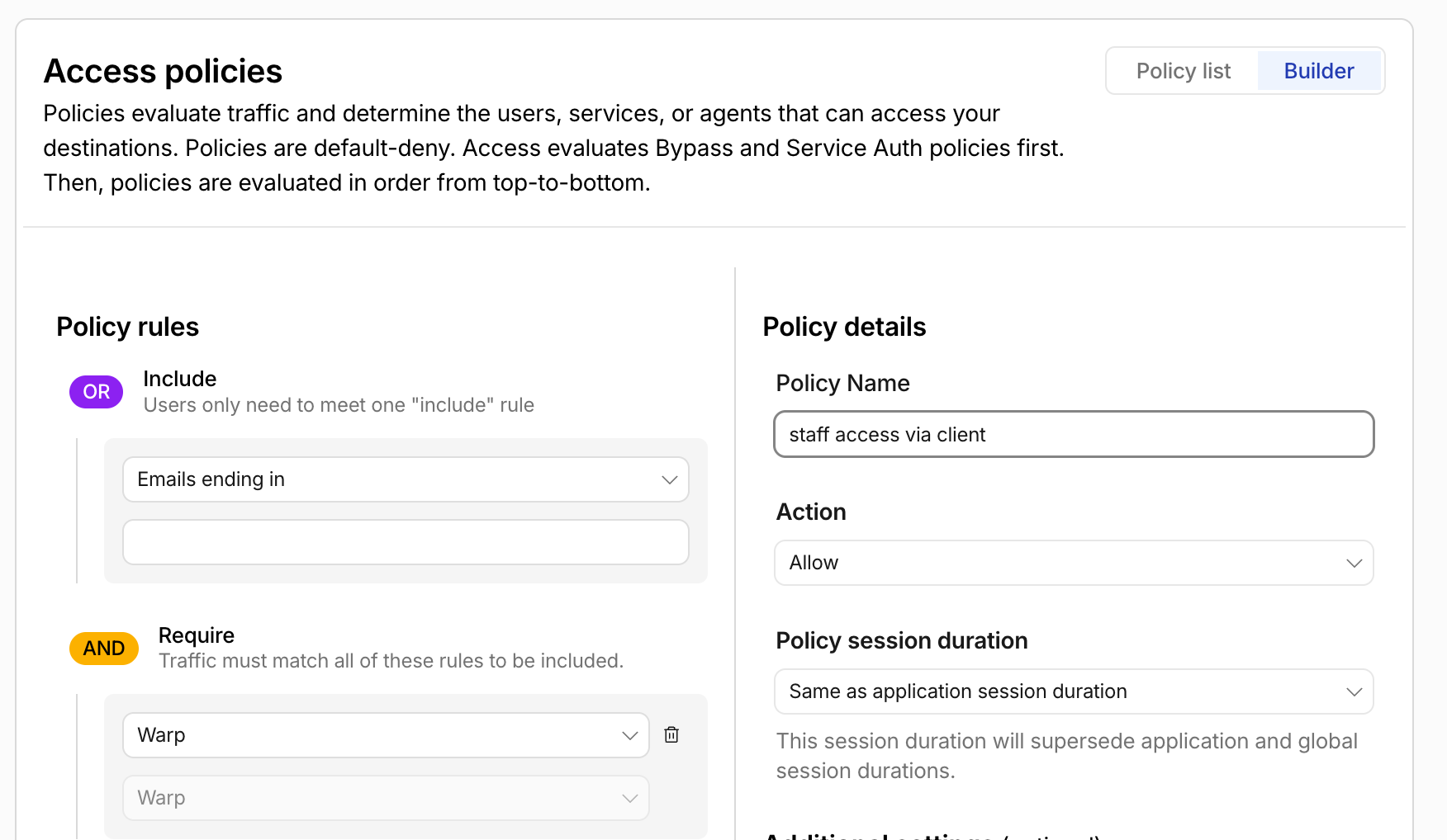 Cloudflare Access policy requiring the WARP client to be installed and logged in