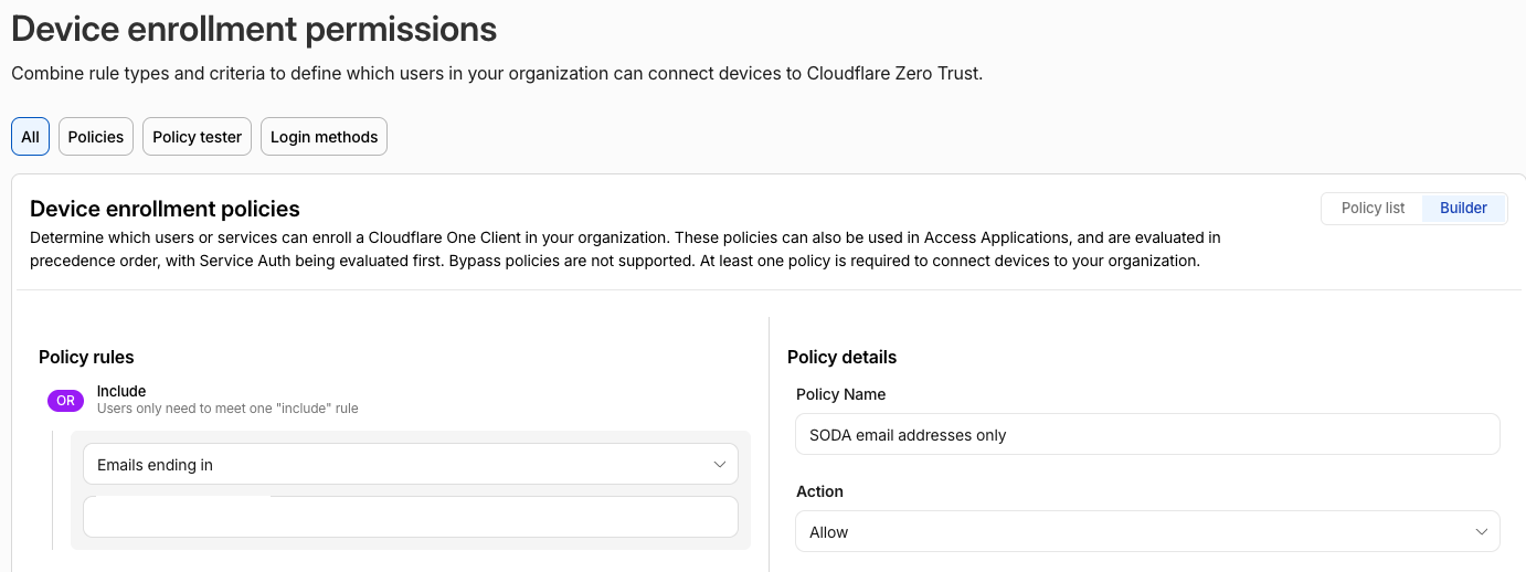 Cloudflare device enrolment permissions restricted to a specific email domain