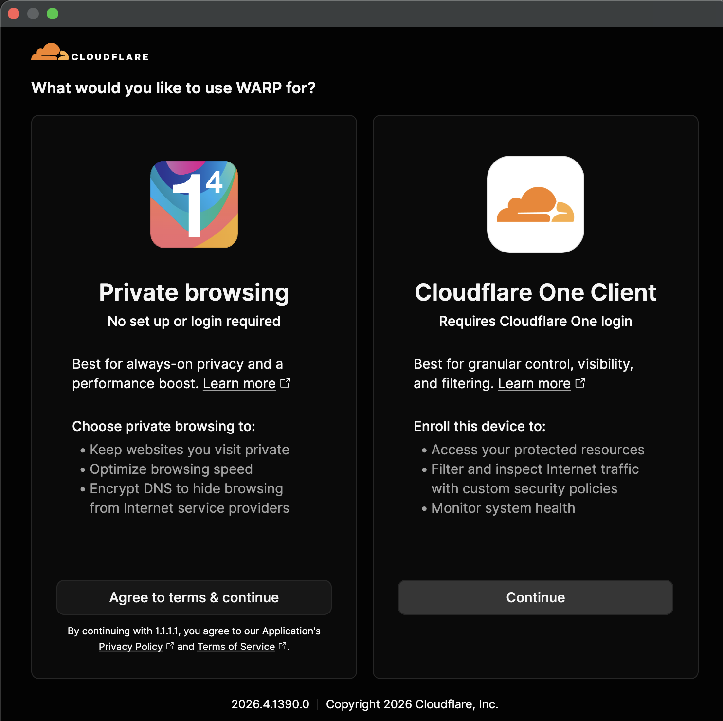 Cloudflare One Client setup guide selection screen