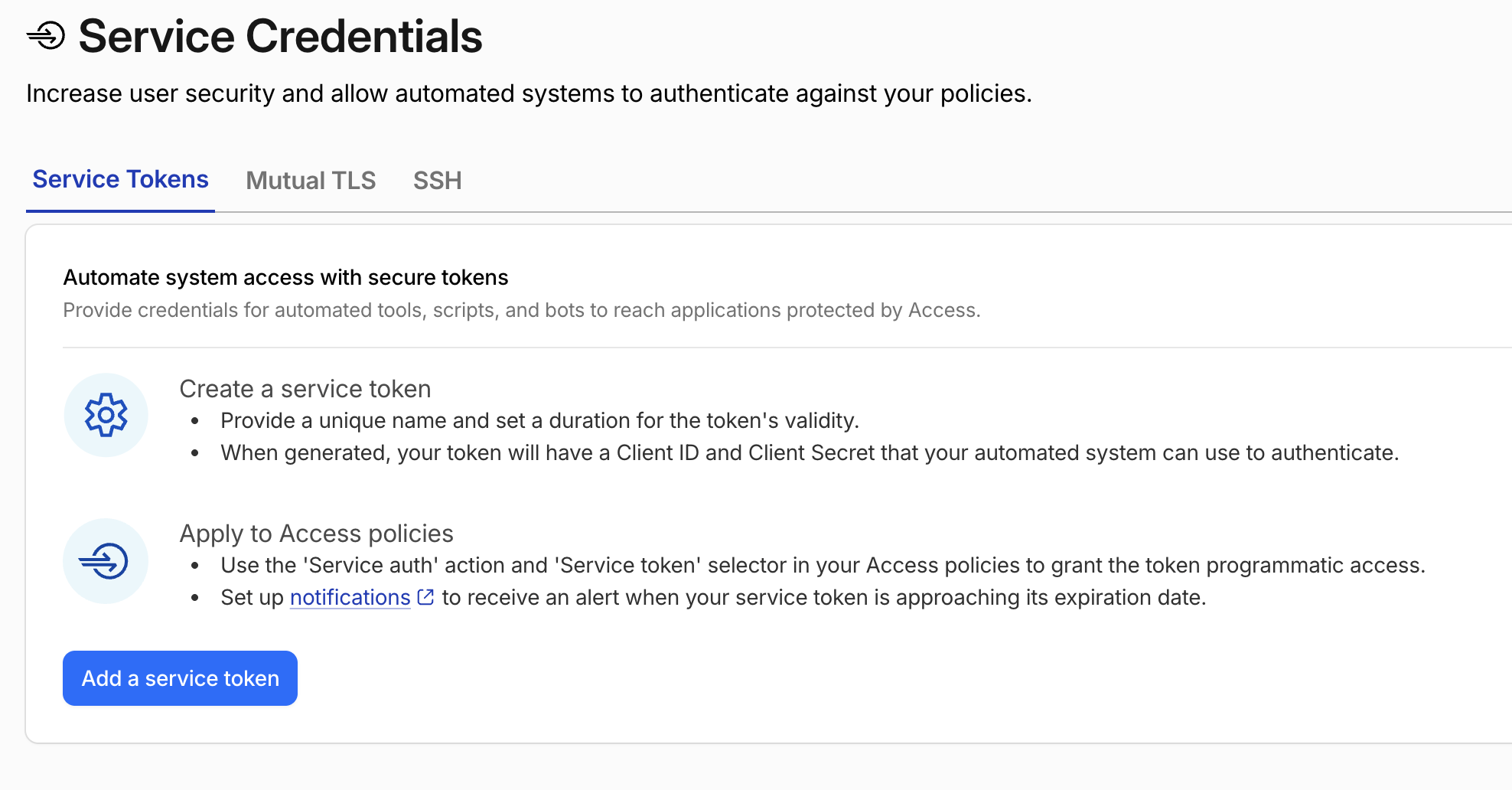 Cloudflare Access Service Credentials page with Add a service token button