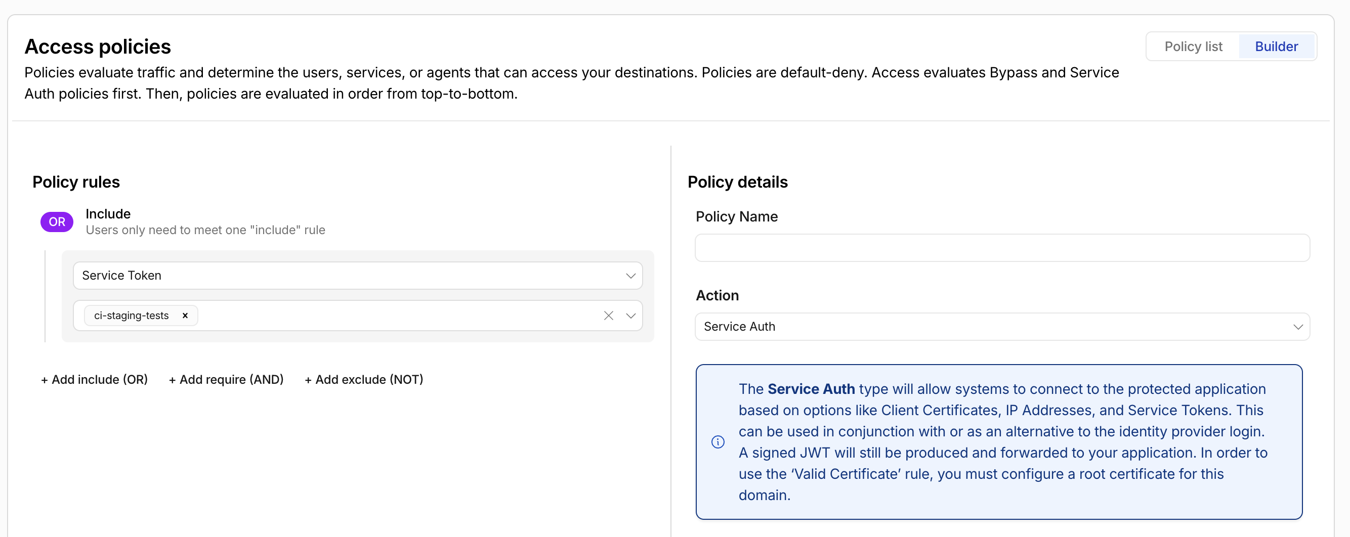 Cloudflare Access policy configured with Service Auth action using the new service token