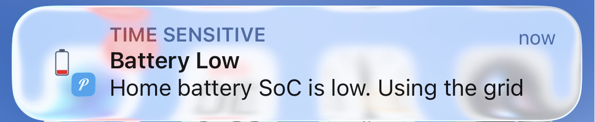 Phone push notification showing a low home battery state of charge alert