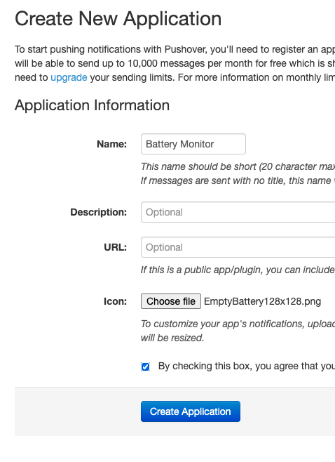 Pushover create new application form