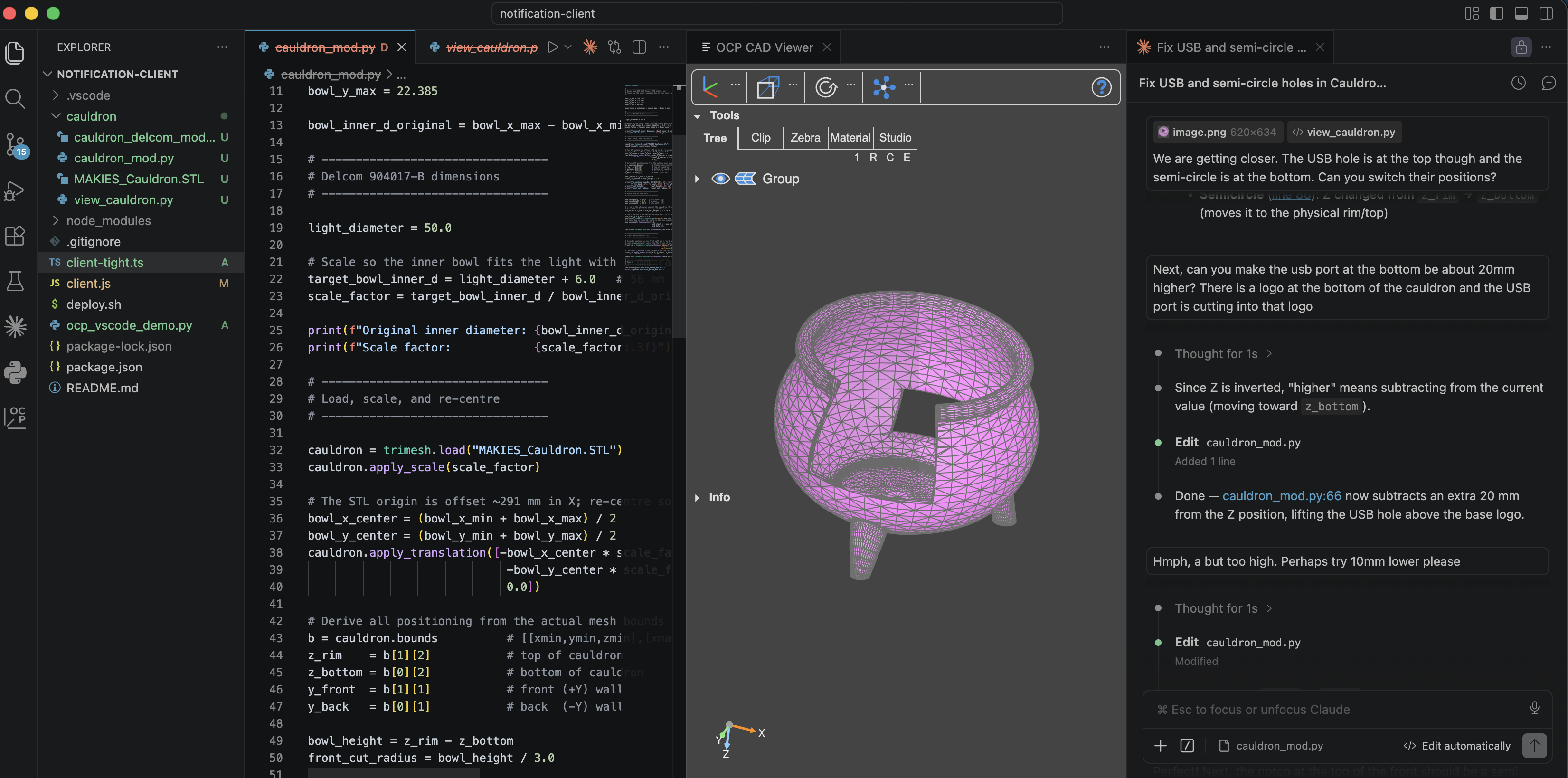 OCP CAD Viewer in VSCode showing the edited cauldron model